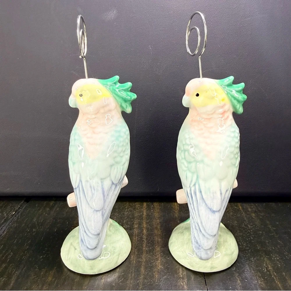 2-pc Ceramic Parrot Bird Photo Card Note Holder Wire Clip Decor Pastel Colors